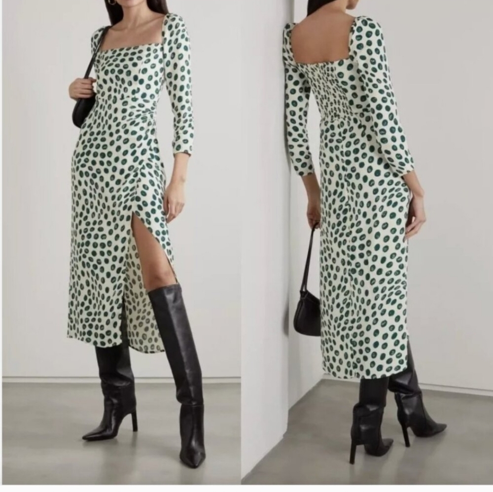 Reformation Hilda Midi Dress  Tapioca Green Polka Dot Long Sleeve Size 0